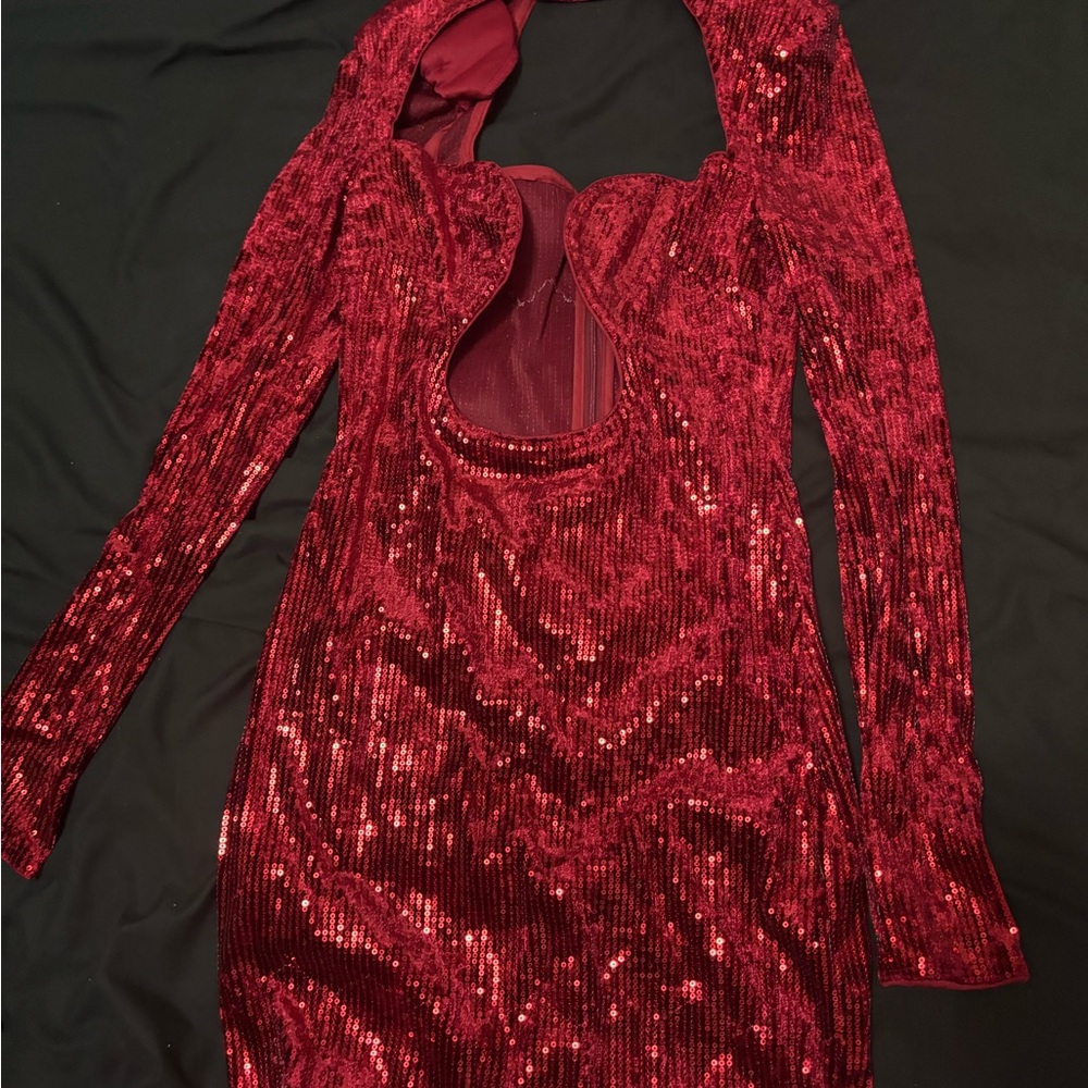 PrettyLittleThing Sparkling Red Long Sleeve Dress